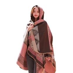 Literary Retro Ethnic Style Shawl Thickened Warm Hat Imitation Cashmere Scarf Cloak Women's Fashion Autumn and Winter New Item