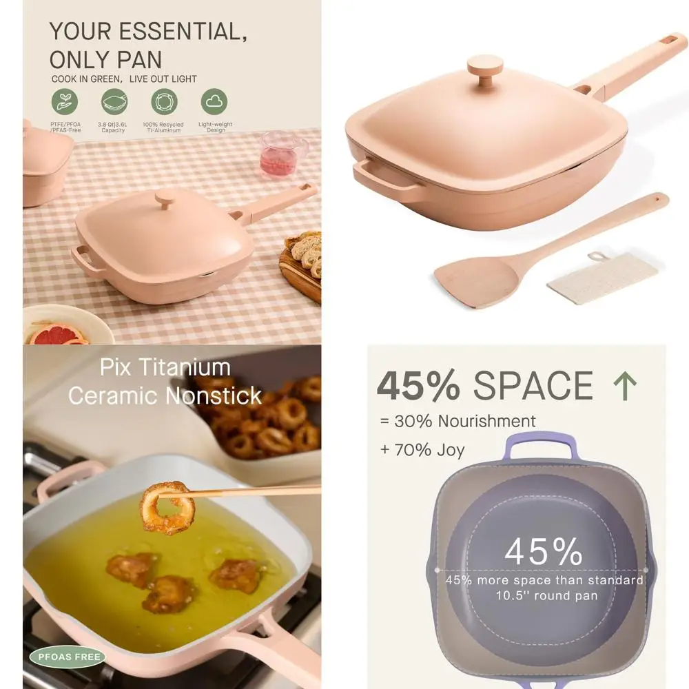 

10.5 3.8QT Ti-Ceramic Non-Stick Deep Sauté Pan with Lid, Wooden Spatula & Scrubber, Desert Clay