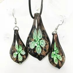 1 Set Wholesale Handmade Muran Glass Mix Colors Flower Drop Lampwork Pendant Necklace Earring Blue Yellow Pink Jewelry