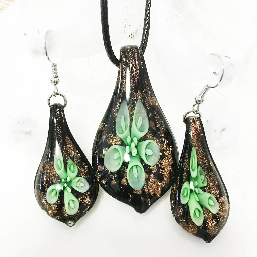 1 Set Wholesale Handmade Muran Glass Mix Colors Flower Drop Lampwork Pendant Necklace Earring Blue Yellow Pink Jewelry