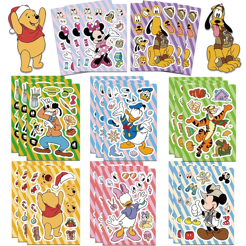 8/16Sheets Disney Make A Face Puzzle Stickers Mickey Minnie Donald Duck Kids Assemble Jigsaw Toys Children Funny Game Party Gift