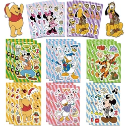 Disney-pegatinas de rompecabezas de Mickey, Minnie, Pato Donald, juguetes de ensamblar, juego divertido, regalo de fiesta para niños, 8/16 hojas