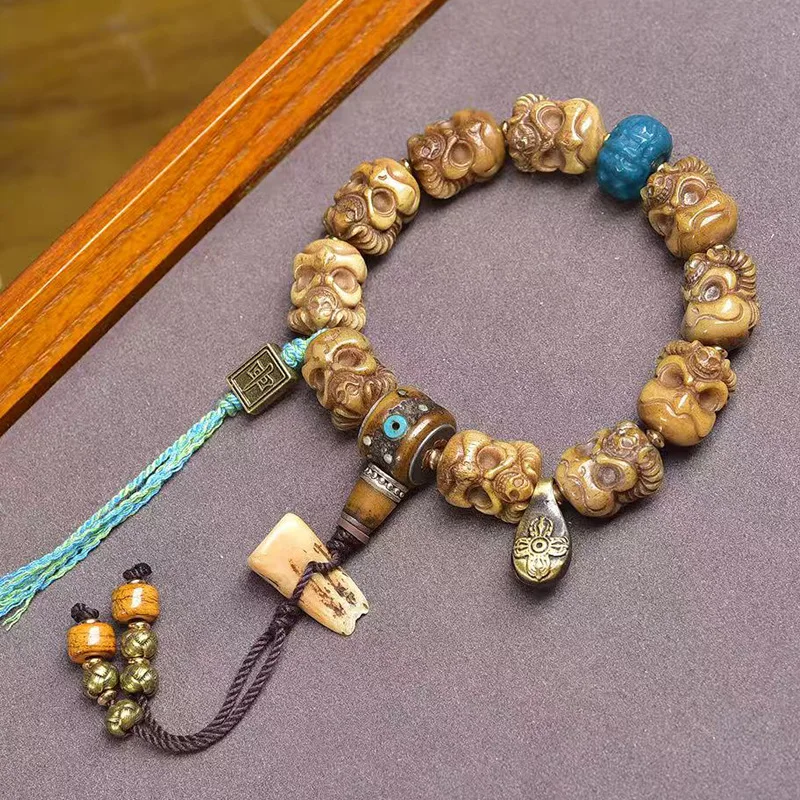-carved Great Eagle ornamental bracelet with single-loop copper clasp  glass and yak bone accessories  Buddhist bead bracele