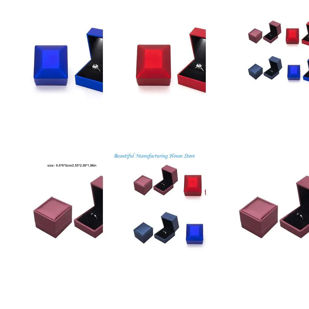 صندوق مجوهرات E56A Flannel LED مع ضوء LED لصندوق عرض خاتم الزفاف كهدية للحبيب