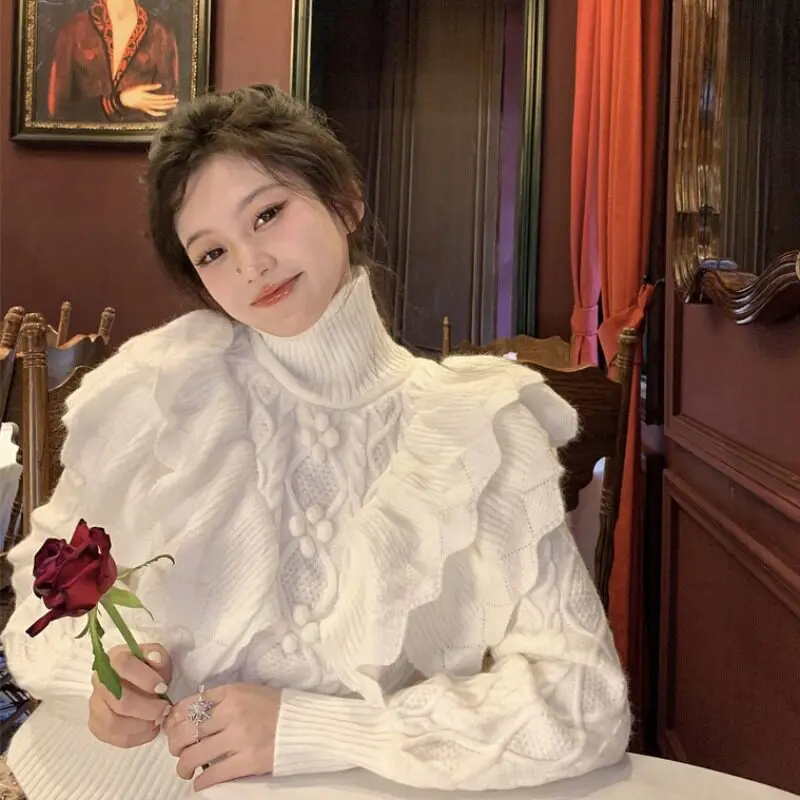 

Утепленный свитер с высоким воротником и узором косы, женская модная осенне-зимняя верхняя одежда, топ из искусственной кожи с длинными рукавами, короткий...