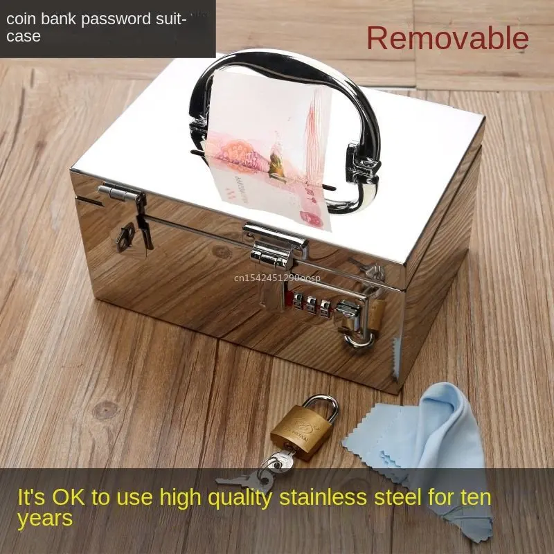 Stainless Steel Portable Safe Cash Box Money Piggy Bank Coin Storage Combination Lock Kids Safe  Security