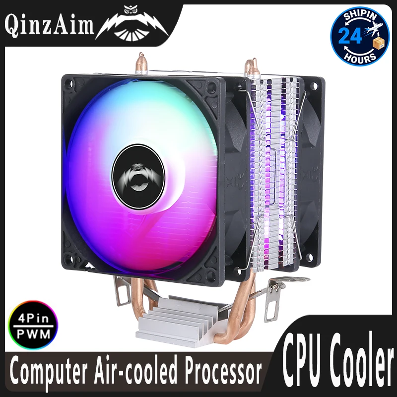 

Кулер для процессора QiuzAim с воздушным охлаждением, 2 тепловые трубки, алюминий/медь, радиатор 90 мм, RGB-подсветка, совместим с LGA1200, 1700, 115X, 2011, 2066, X99, X79, AM4, AM5