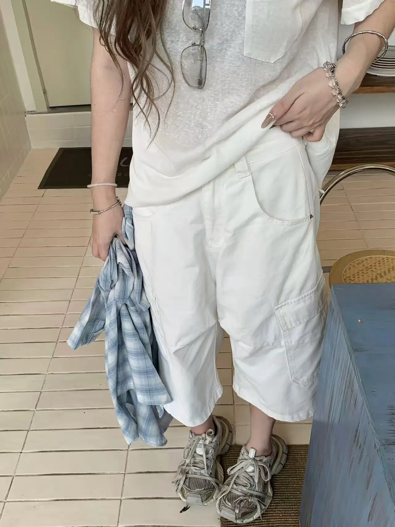 

Женские повседневные джинсы-шорты Annihh с широкими штанинами, пять карманов, свободный крой, высокая талия, летняя новинка, белый цвет, модные, для женщин