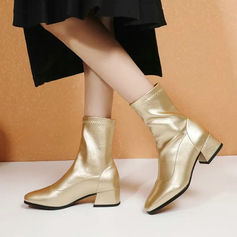 

ZawsThia Patent PU Leather Stretch Socks Booties Silver Gold Chunky High Heels Autumn Winter Woman's Shoes Fashion Ankle Boots
