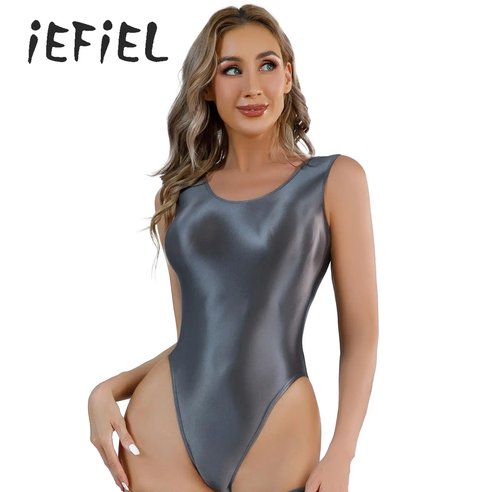 Women Oil Glossy One Piece Swimsuits Bathing Suits High Cut Thong Bodysuit Swimwear Solid Color Swimming Tank Leotard Beachwear