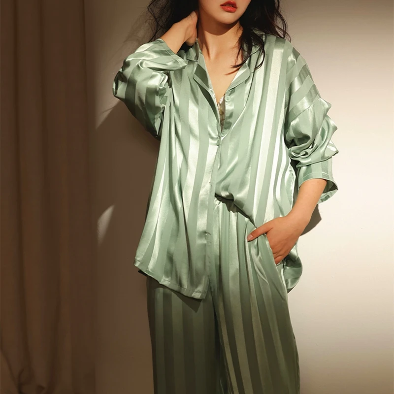 5XL plus size spring and autumn silk women's pajamas striped jacquard simulation silk pajamas women's long-sleeved homewear suit