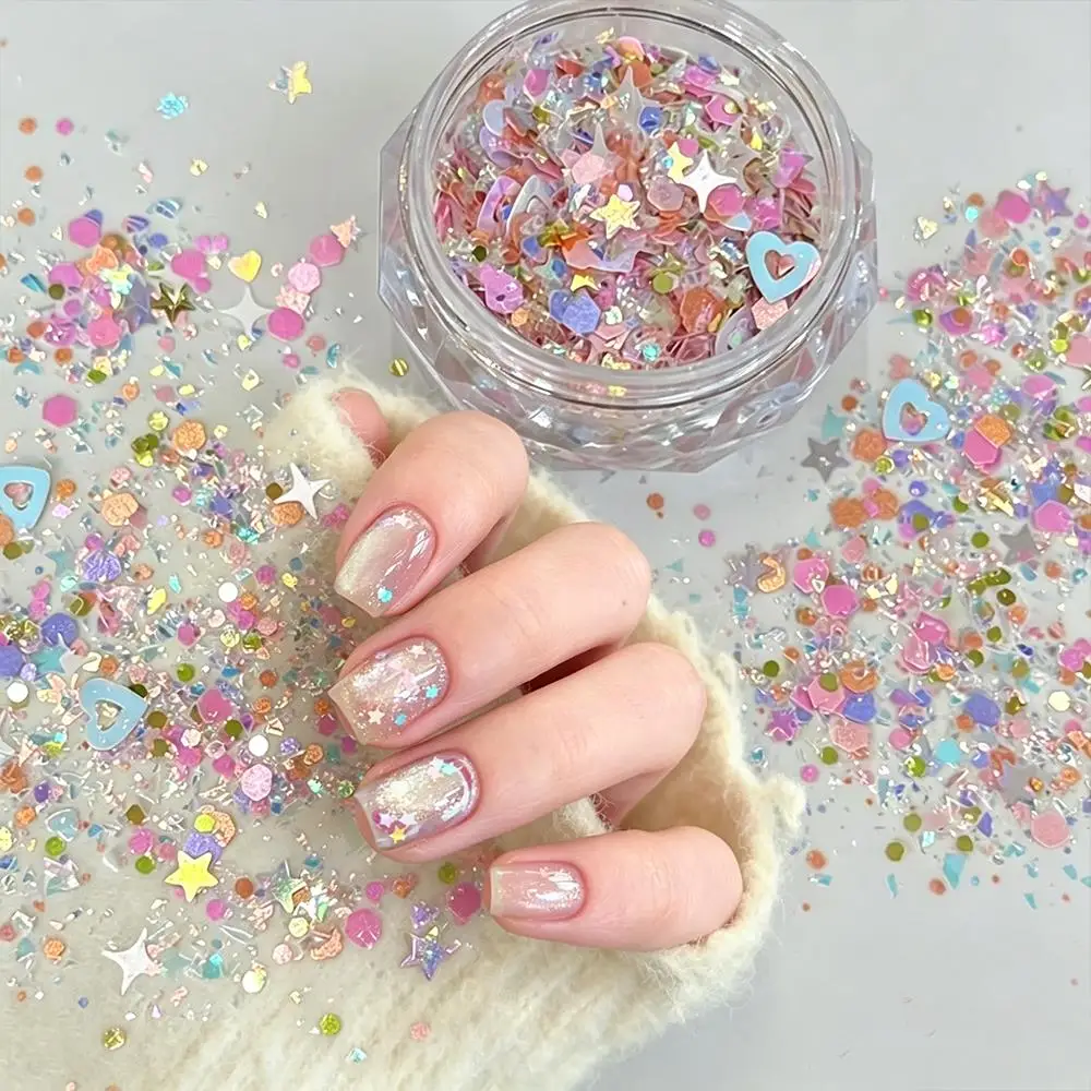 1Box Aurora Pink Heart Star Nail Glitter Sequins Colorful Mixed Irregular Nails Flakes Y2K Sweet Girl Manicure Paillettes Decor