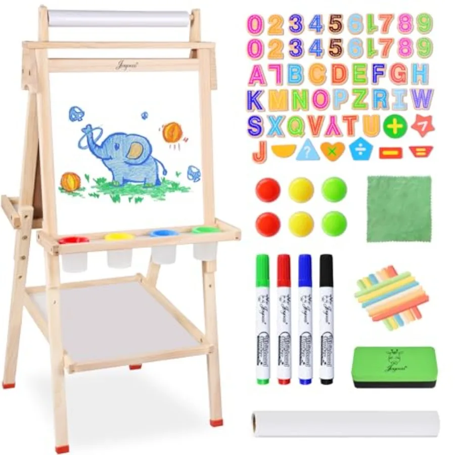 

Art Easel for with Double-Sided Magnetic, Wooden Standing Easel with Dry Erase Whiteboard and Chalkboard, Height Adjustable Eas