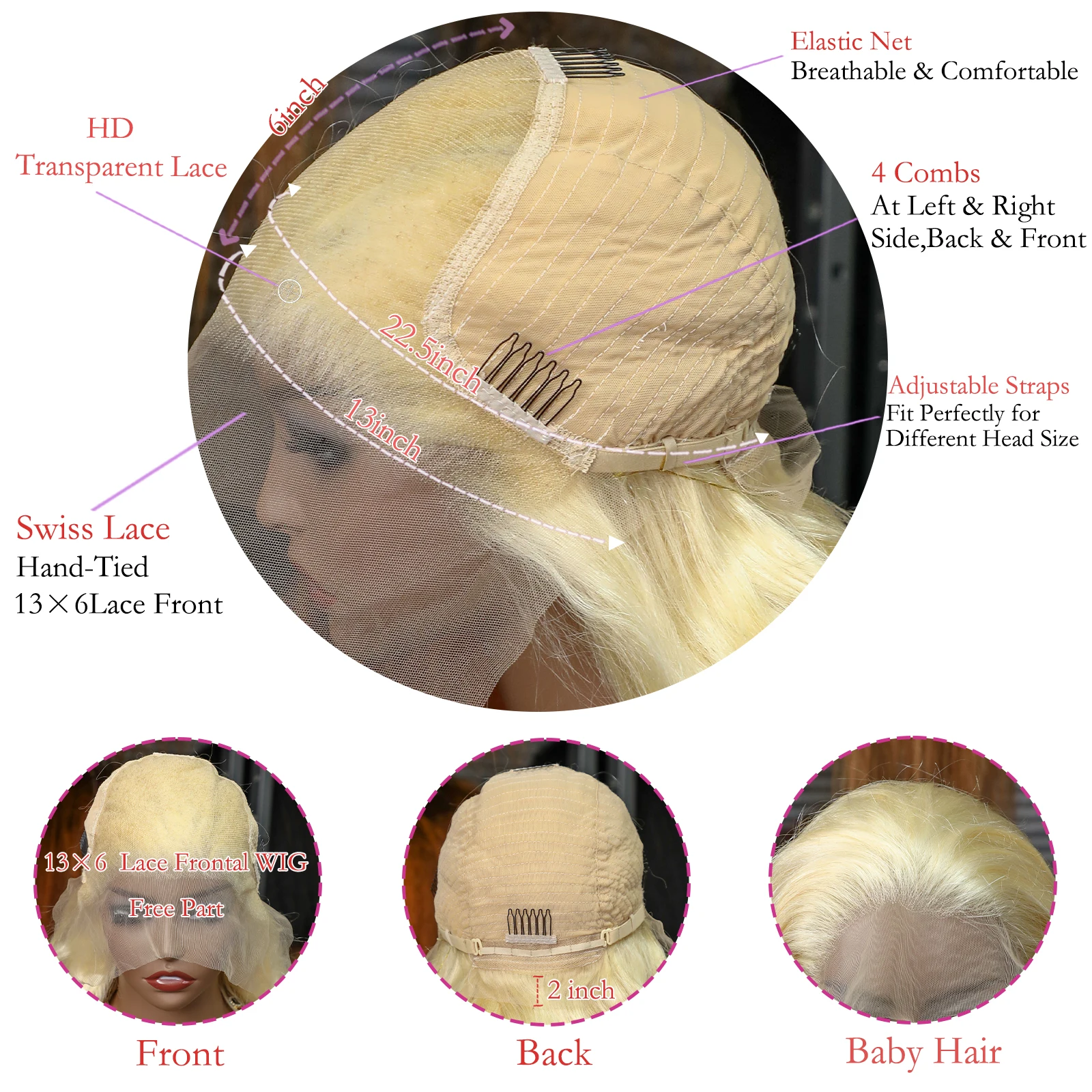 Perruque Lace Front Wig Body Wave Brésilienne Naturelle, Cheveux Humains, Transparent, Blond Miel, Or Blanc #613, 13x4, 13x6, HD