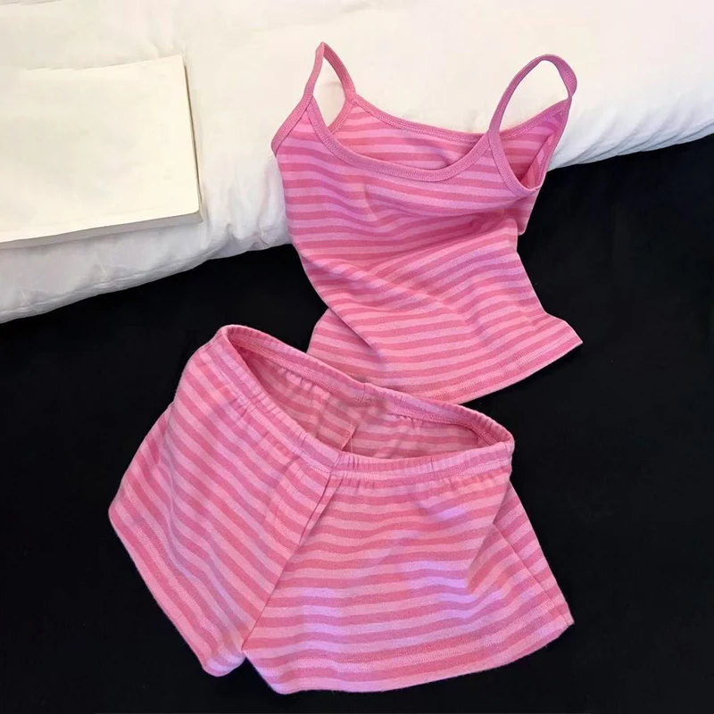 Summer Women 2‑Pieces Striped Pajama Loungewear Set Pink Striped Camisole Short Pants Thin Soft Breathable Ladies Home Sleepwear