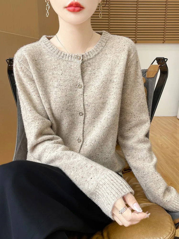 

Chic Preppy Style Color Dots O-Neck Basic Soft Warm Sweater Single Breasted 100% Merino Wool Women's Cardigan Tops