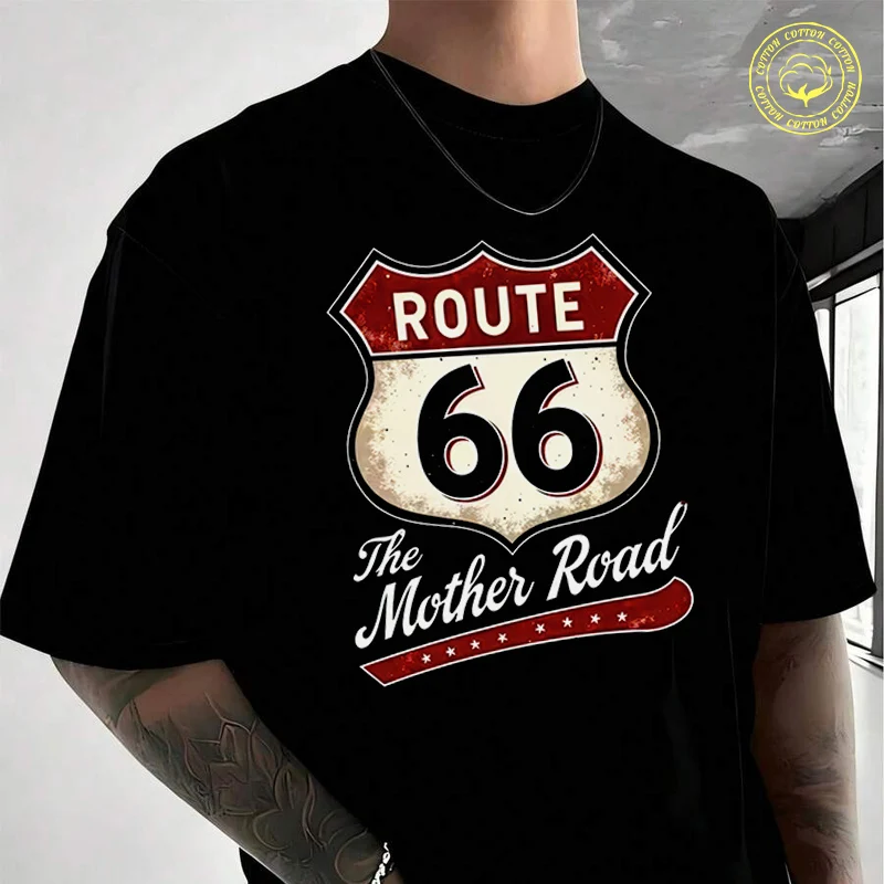 

Motorcycle Route 66 Graphic Men's Cotton T-Shirt Moto New Casual O-neck Short Sleeve Summer Streetwear Tees