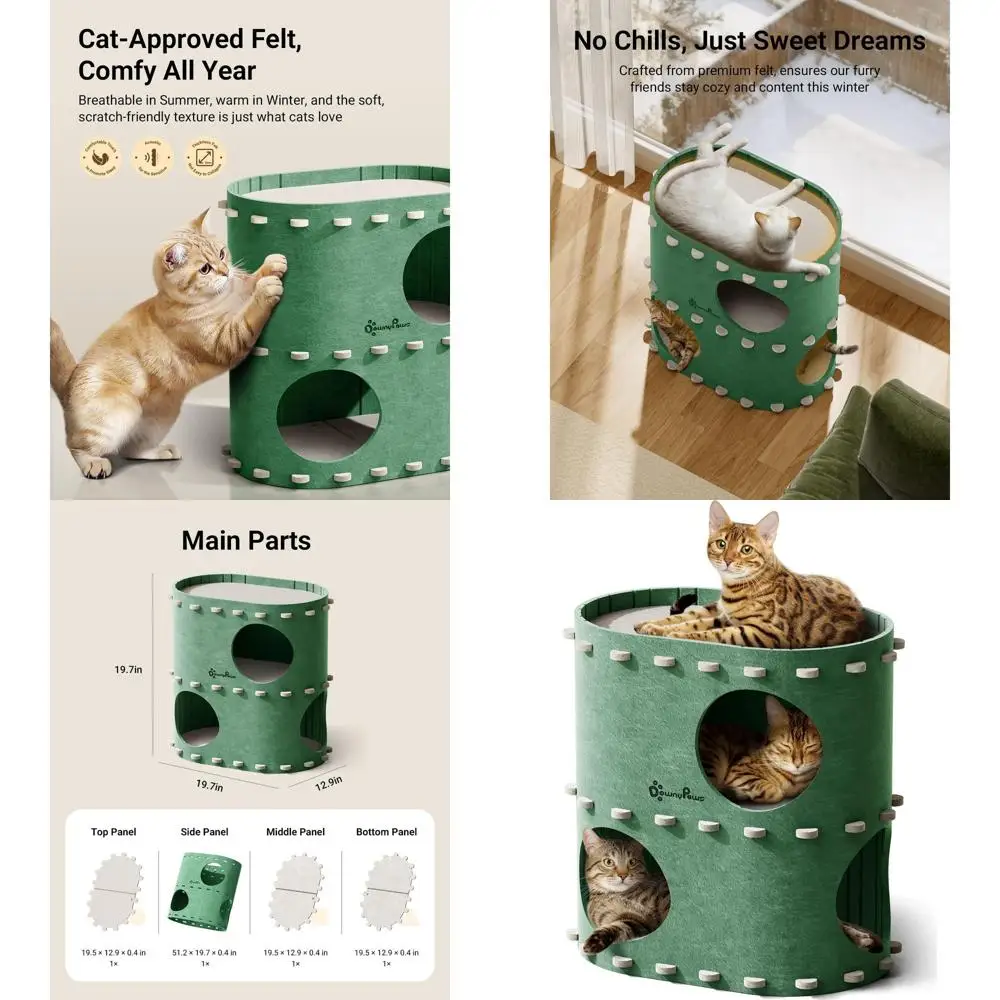 

Cat House for Indoor Cats, 2-Storey Foldable Cat Bed Cave, Felt Cats Tunnel Bed Condo, Castle Kitten Cube Hideaway for Multicats