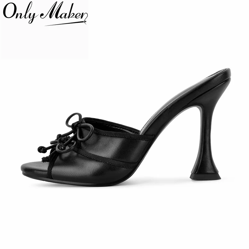 Onlymaker Black Bow Peep Toe Peep Toe Mule Sandals Open Toe 10CM Heeld Slip On Party Wedding Dress Summer Big Size Sandals