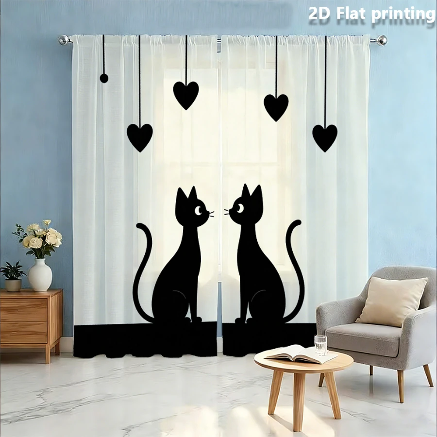 2PCS Digital Print Sheer Curtain, Black Cat Heart, Modern Minimalist Window Curtains for Living Room Bedroom Home Decor