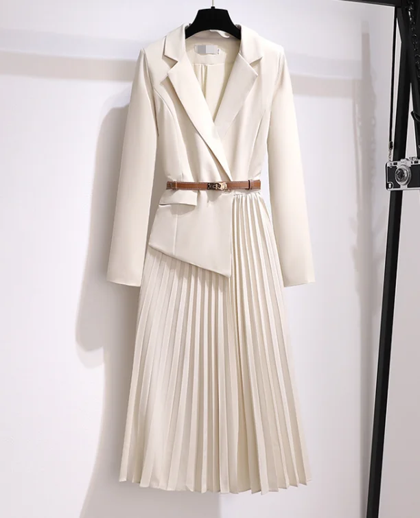 ชุดเดรสเข้ารูปลําลองย้อนยุคฝรั่งเศสสําหรับผู้หญิงในฤดูใบไม้ผลิและฤดูร้อนปกสีทึบเอว Cinched เดรสสูทจีบเดินทาง