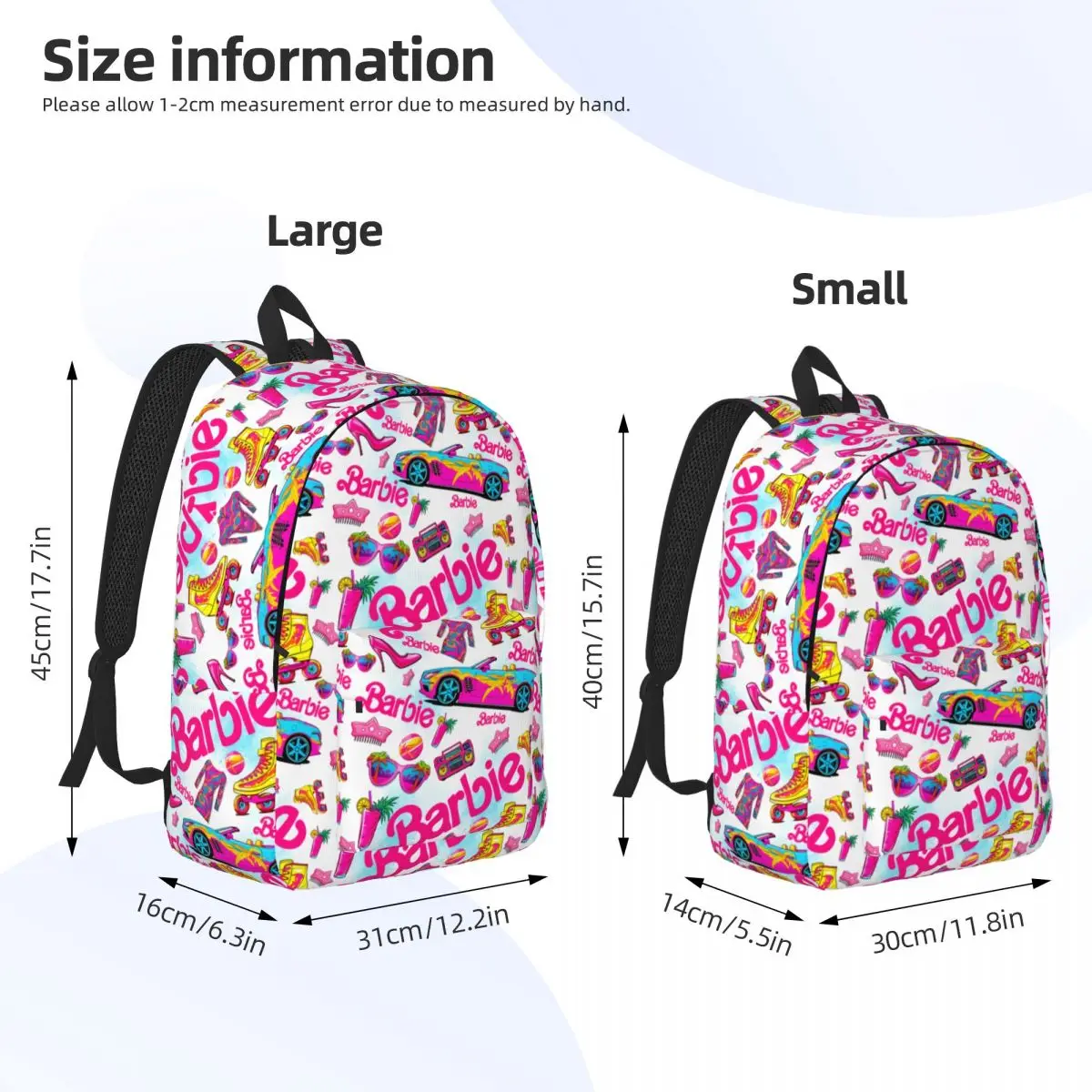 Custom Barbies Doll Pattern Canvas Backpack para meninos e meninas, sacos de viagem escolar para homens e mulheres, Bookbag Fits 15 "Laptop