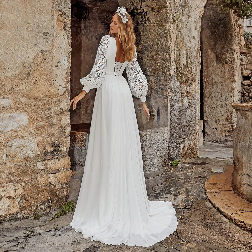 Simple V Neck A Line Women's Wedding Dresses Elegant Appliques Lace Bride Gowns Long Sleeve Side High Split Vestidos De Novia