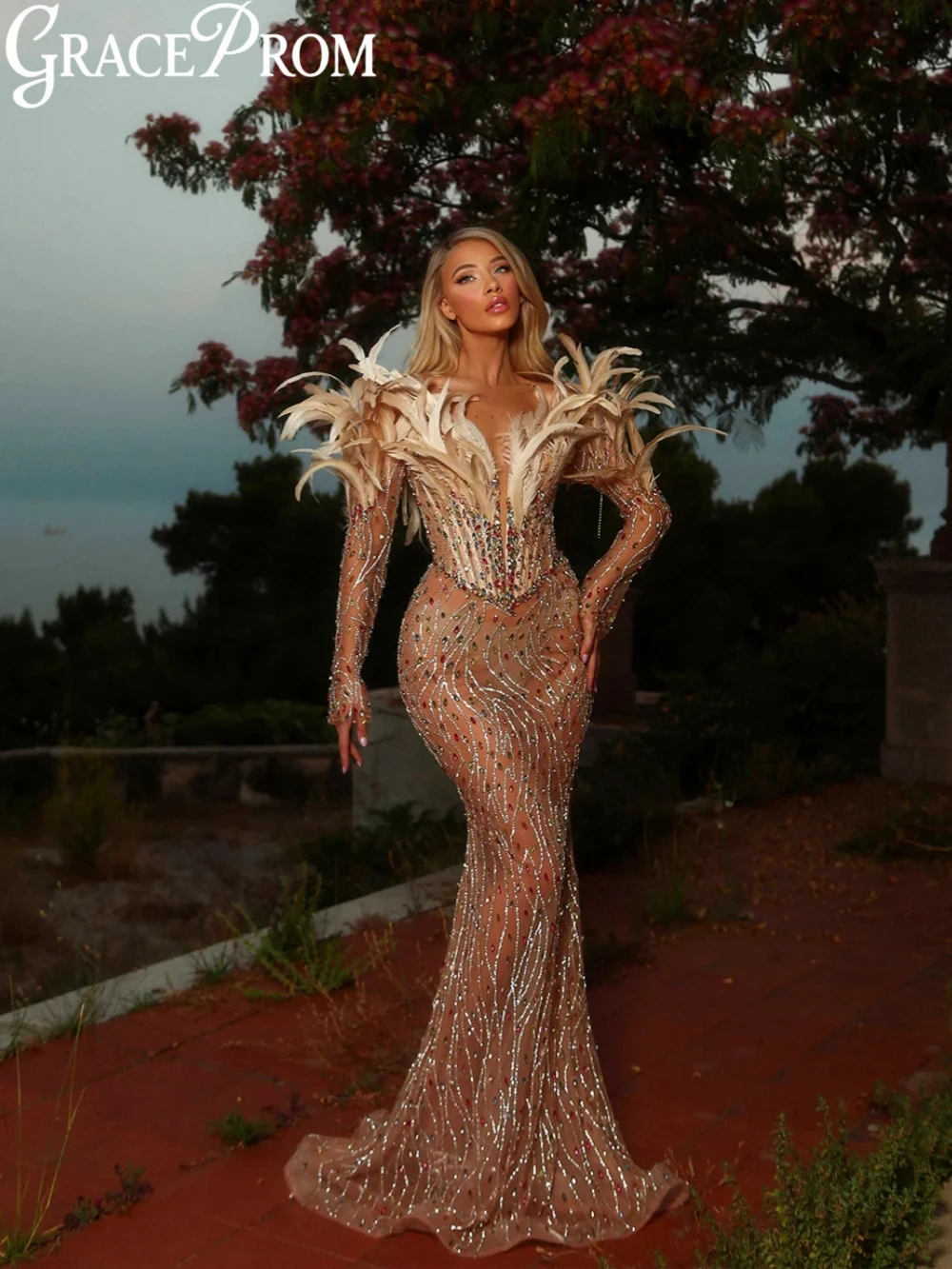 

Exquisite Crystal Feathers Long Evening Dress Sexy Illusion Deep V-neck Mermaid Wedding Party Gown New Customized Prom Dresses