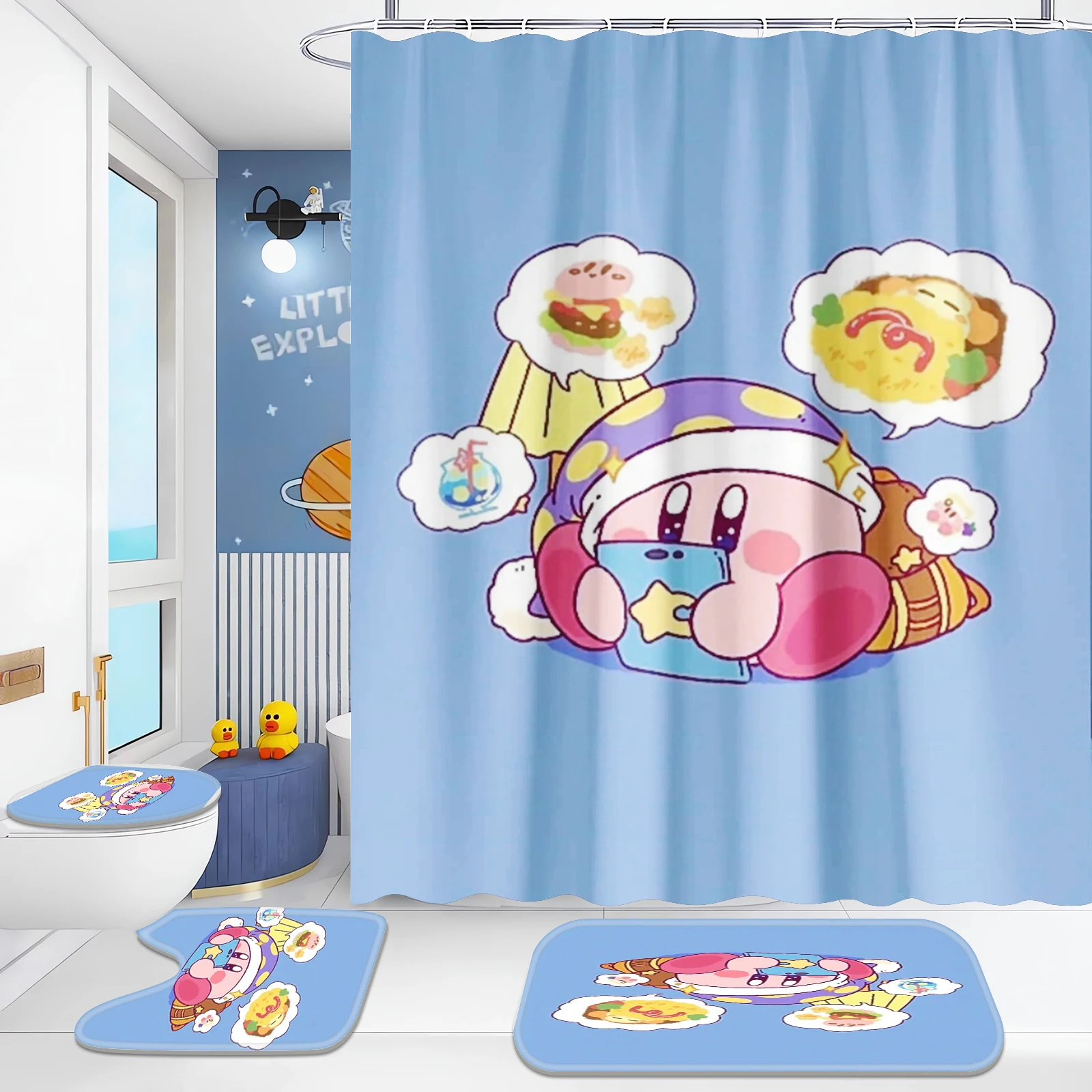 Cartoon Kirby Shower Curtain, Bath Mats, Cute, Various Sizes, Kawaii Bathroom, Great Gift for Kids, Full Polyester, 4 Pcs