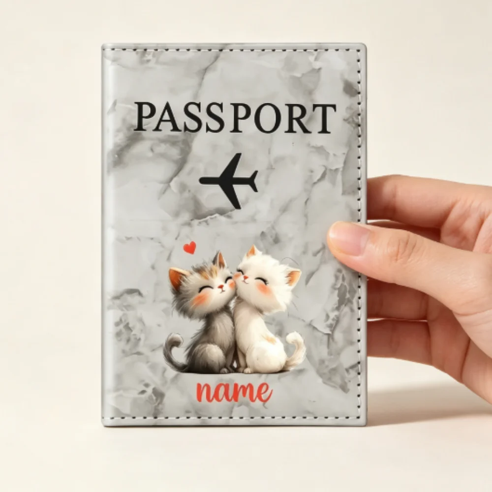 Personalized Cute Cat Kissing Passport Holder, Custom Name,Travel Cover With Two White Kittens Hugging And Kissing Illustration