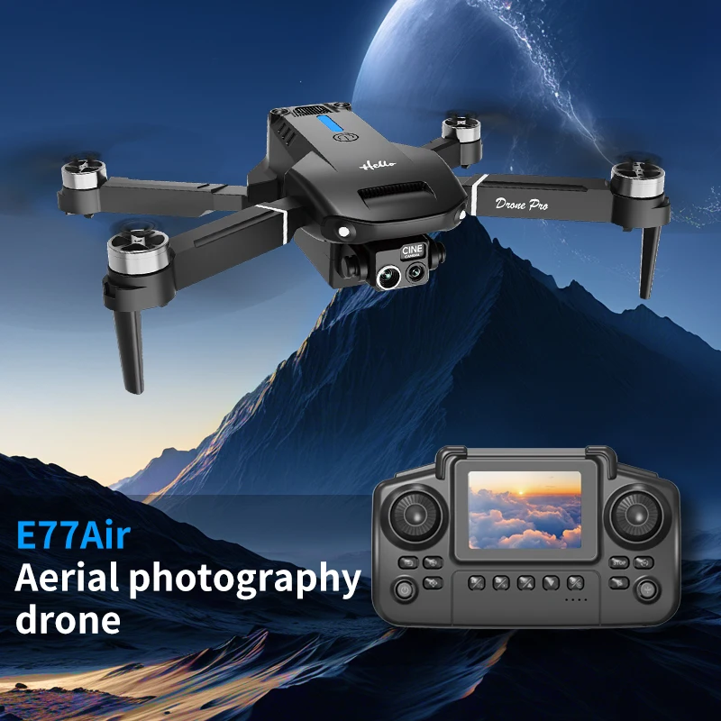 Drone télécommandé E77 avec écran, double caméra HD, moteur sans balais, vol stationnaire de positionnement du flux optique, drone pliable quadrirotor