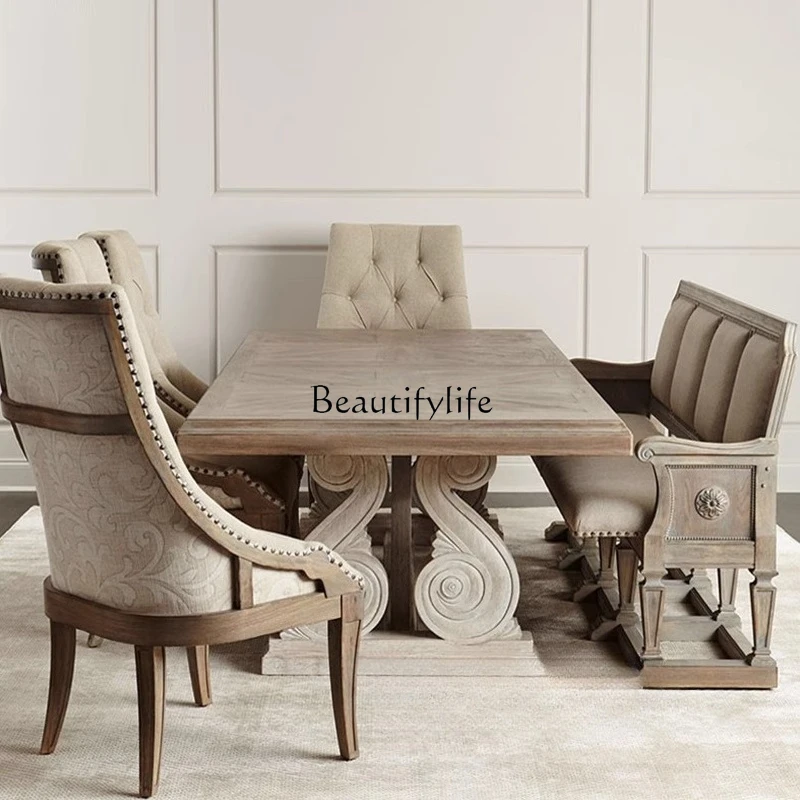 

10*French American solid wood 4-seat sofa chair weathered gray old card seat large apartment