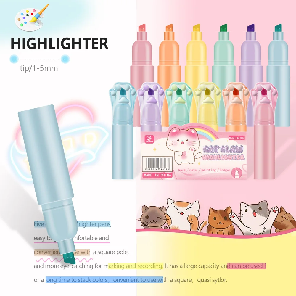 6 ألوان فسفورية لطيف القط باو شكل طرف مائل لرسم الكتابة على الجدران الأطفال هدية الفن مكتب القرطاسية اللوازم المدرسية