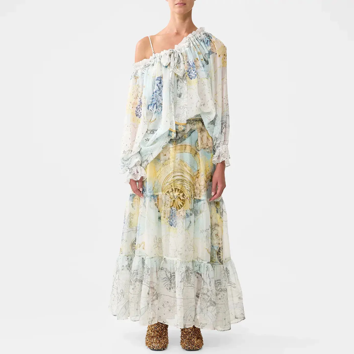 

Women Floral Print Holiday Loose Set V-Neck Flare Sleeve Shirt tops + Elastic Waist A-Line Long Skirt