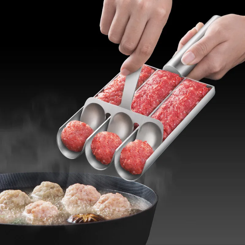 Meatball Scoop Ball Maker, 304 Stainless Steel Non-Stick Creative Kitchen Triple Meatball Maker with Cutting Spade