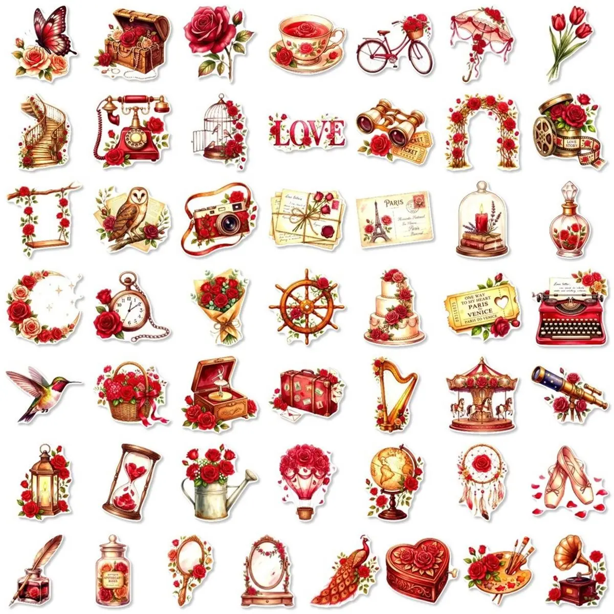 2026 New Tool 50PCS Vintage Rose Stickers Waterproof Floral Vinyl Decals for Scrapbook Journal DIY Craft Romantic Decor