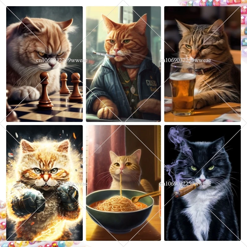 5D DIY Diamond Painting Fun Cat Smoking Drunk Art Fantasy Pictures Cats Art Full Drill Handwork Diamond Mosaic For Art Gifts