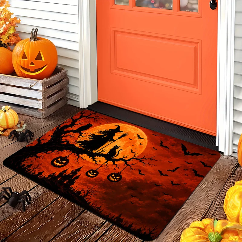 Witch Moon Halloween Entryway Carpet Orange Glow  Bat Tree Print Non Slip  Rug For Spooky Season Porch Home Decoration