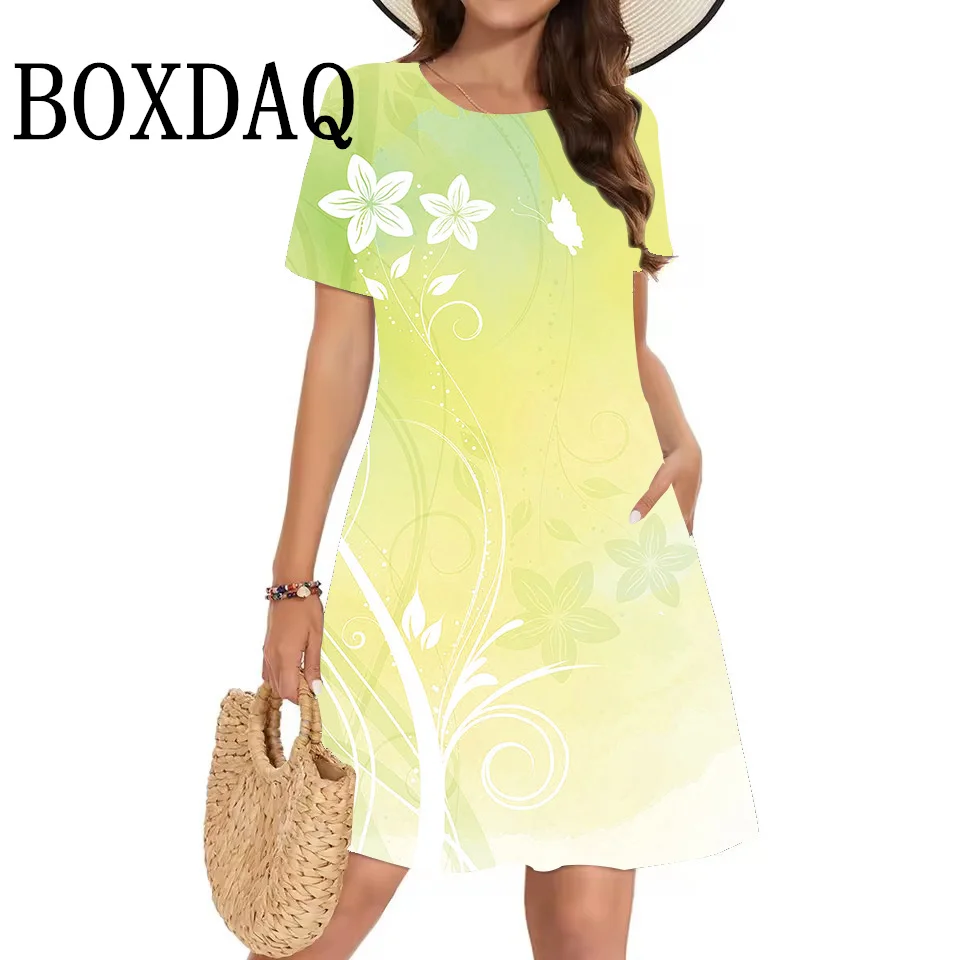 2025 Summer Dress For Women Floral Print Short Mini Dress Fashion Casual Pockets Short Sleeve Women Loose Beach Dresses Vestidos
