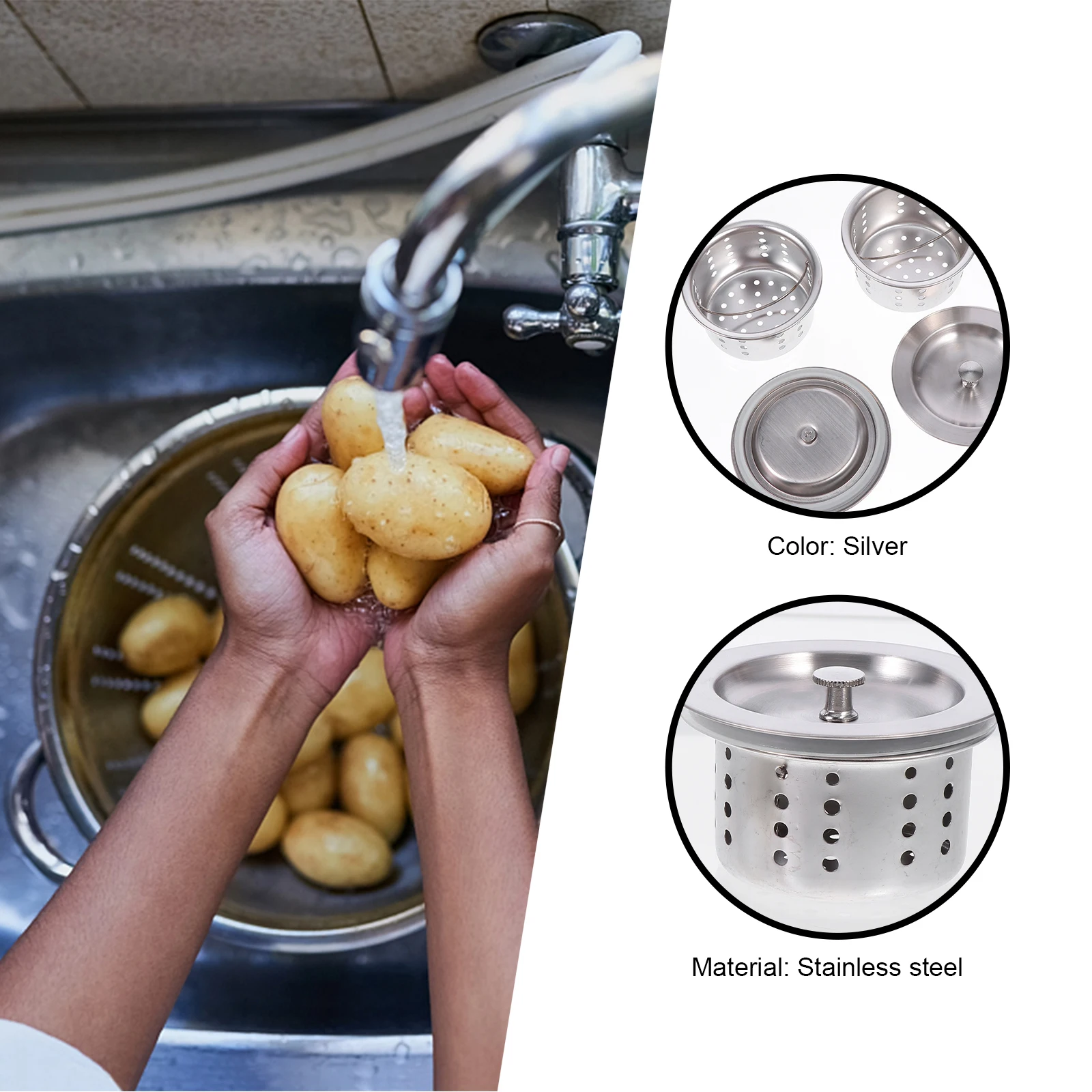 

2 set 2 Sets Sink Drainage Strainer Basket Stainless Steel Kitchen Filter Lid Structure Food Catcher Silver Color