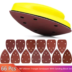98*140 MM Hand Detail Sander Hook and Loop Sanding Block with 65 Pieces 6 Hole Triangle Mouse Sandpaper for Wood Metal