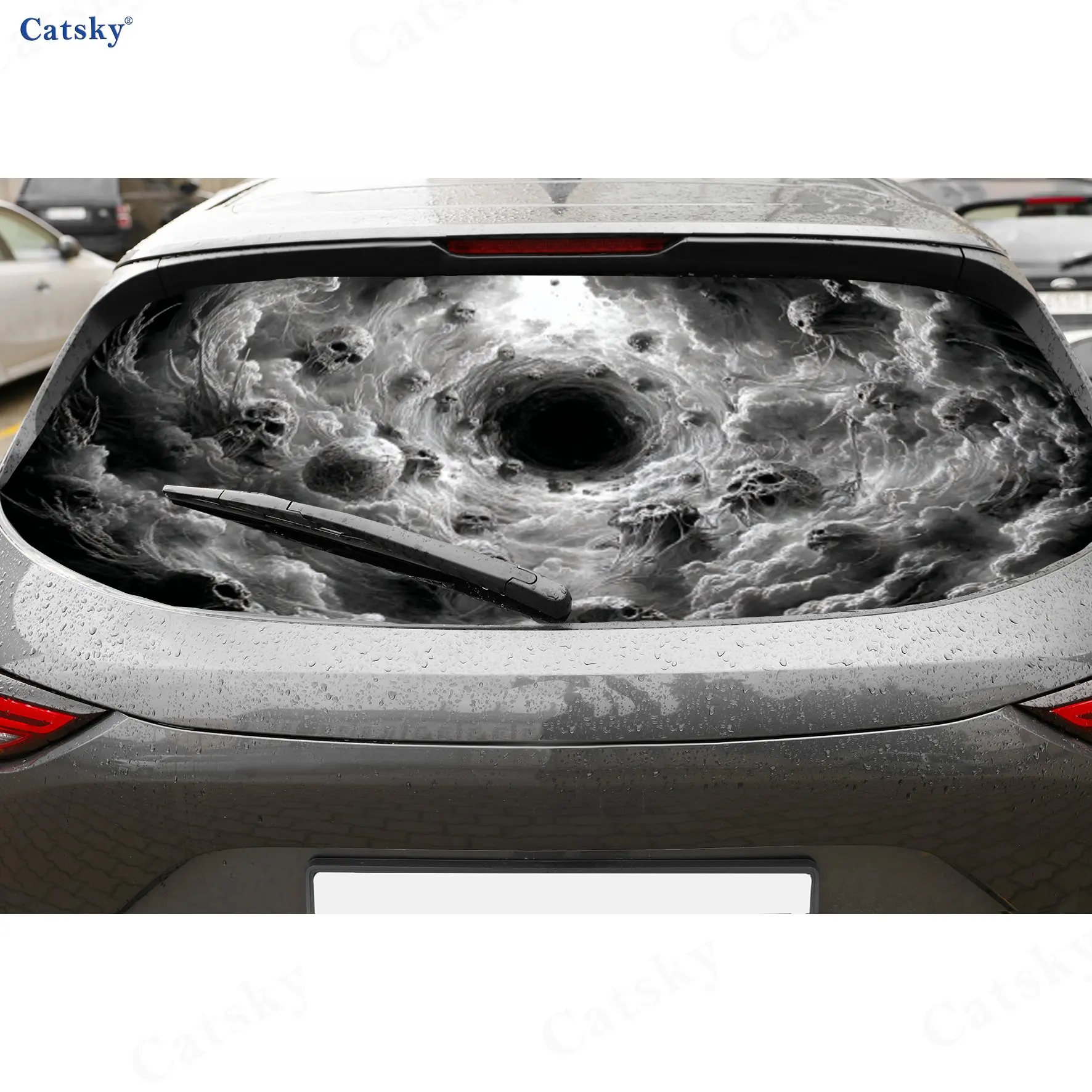 Gothic Skull Vortex PVC Perforated Car Rear Window Vinyl Wraps, Durable Waterproof Car Rear Windshield Sticker