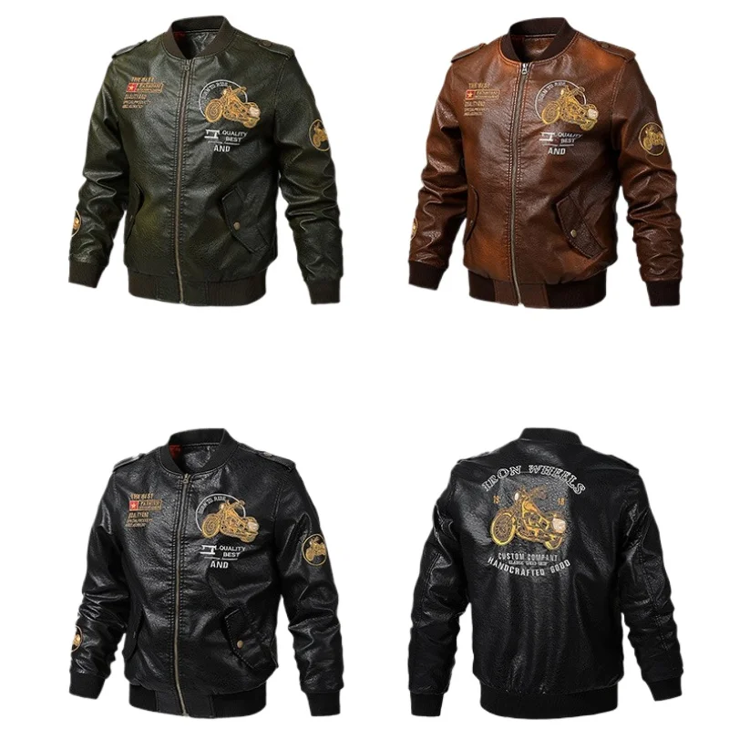 

2025 Spring Autumn Coffee V-neck Embroidered PU Leather Motorcycle Jacket for Men,Army Green Washed Men's Workwear PU Jackets