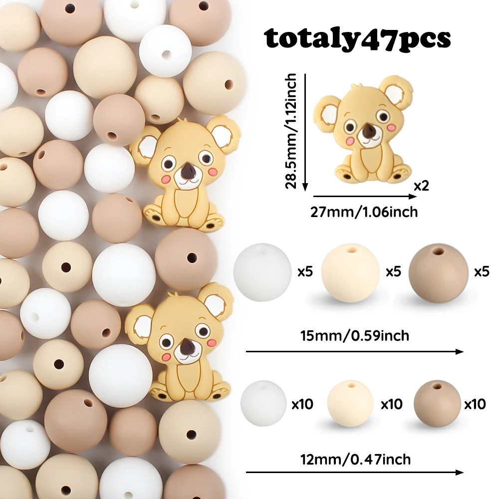 47Pcs/Set Koalas Silicone Beads Set Animals Fcoal Beads Baby Teething Teether DIY Pacifier Chain Necklace Bracelet Accessories