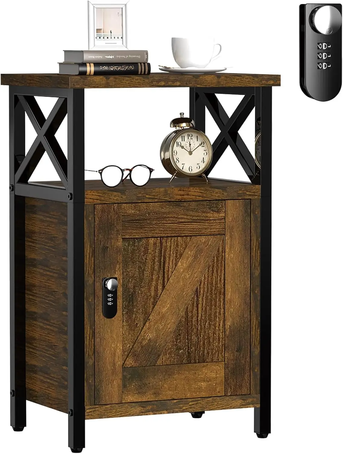 

Rustic Brown Night Stand with Locking Drawer and Shelves, Wooden Bedside Table with Storage for Bedroom, Living Room, Dorm