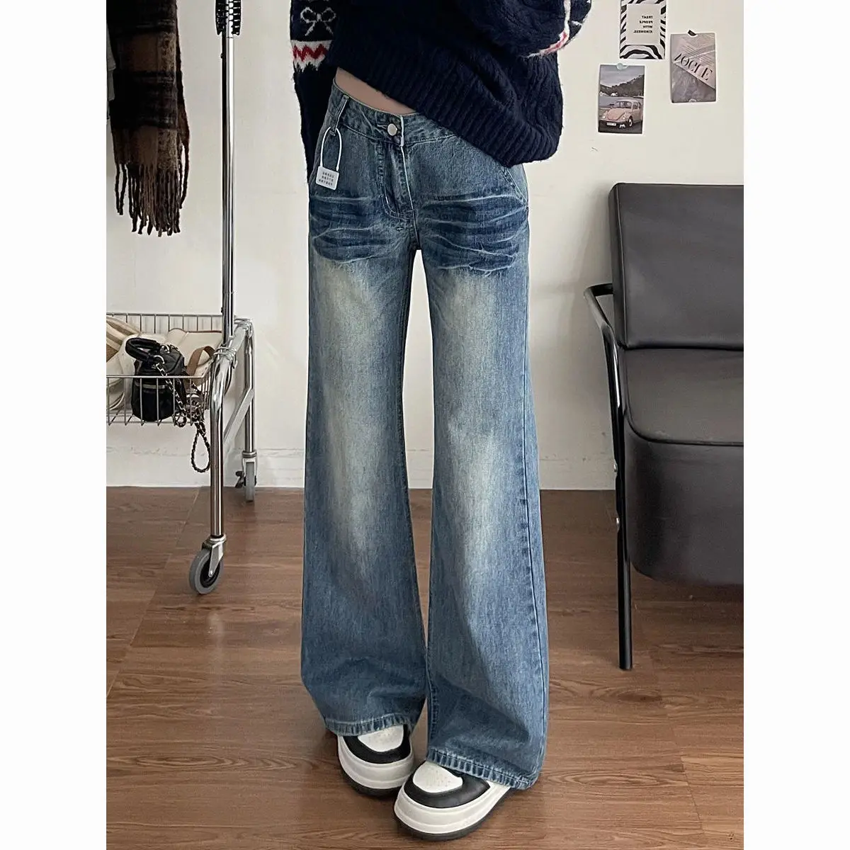 Pantaloni jeans larghi per donna Chiusura con cerniera con bottoni Fibbia con cintura Cintura regolabile Denim femminile Moda Basic Semplice