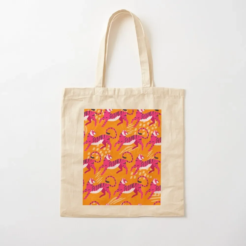 

Bright Pink Tigers on Orange Pattern Tote Bag shopping bag logo shopper bag women Lady