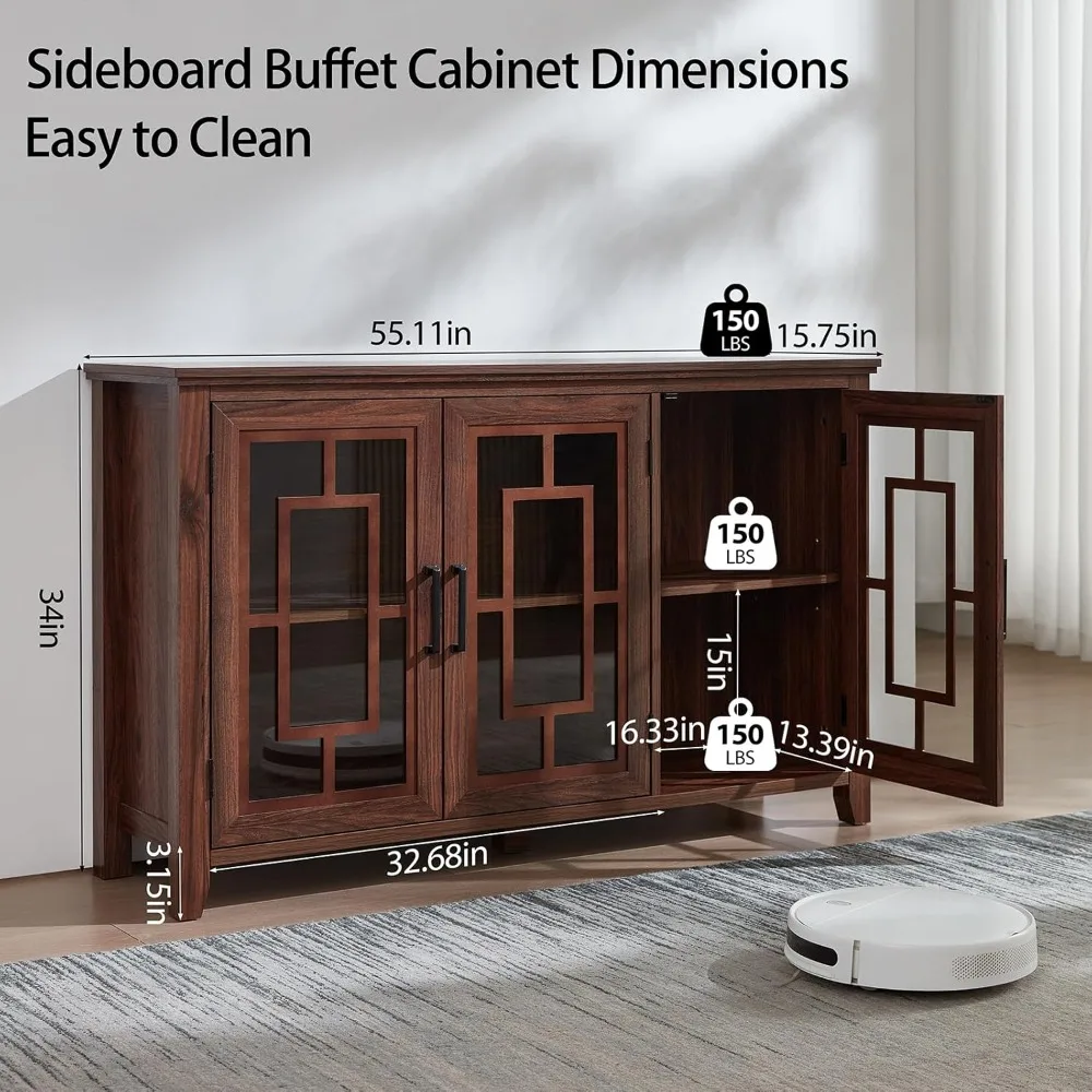 Großes Sideboard, Buffetschrank mit Stauraum, 55 Zoll Bauernhaus-Küche, Kaffee-Weinbar-Schrank mit 3 Glastüren, Holz aus der Mitte des Jahrhunderts