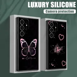 Phone Case For Samsung Galaxy S24 Ultra Cases S23 S21 S20 FE S22 9 S24 Plus Note 20 Ultra 10 Silicone Cover Butterfly Love Black
