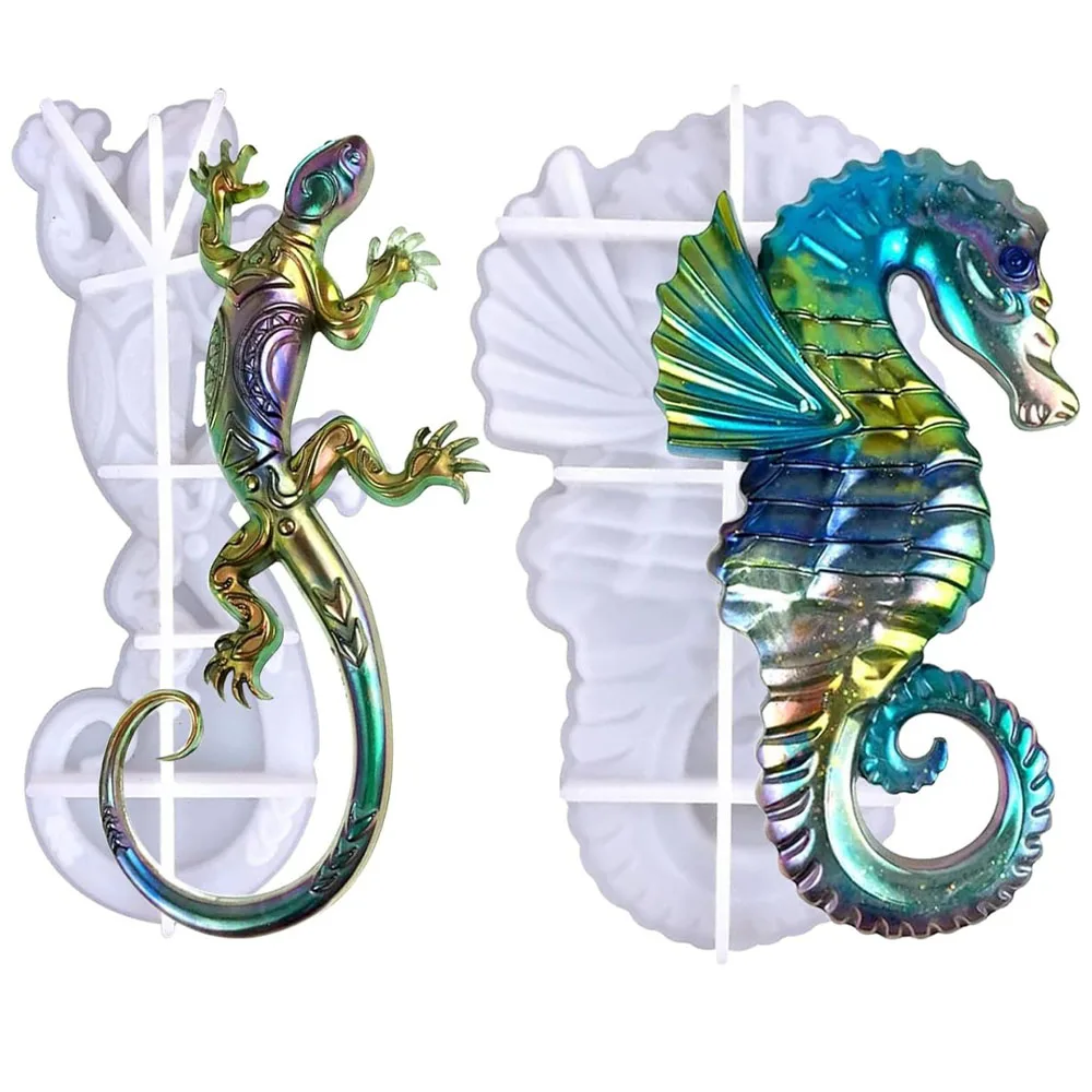 2 Pcs Gecko Seahorse Silicone Mold DIY Hand-Making Living Room Wall Decal Epoxy Resin Molds Home Decor Halloween Christmas Gifts